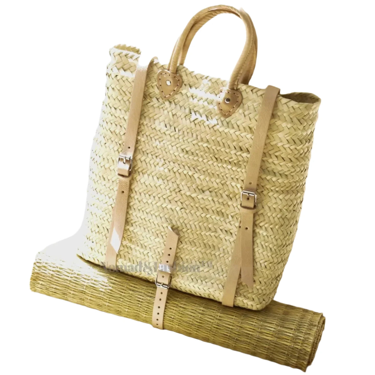 Leather Straw Backpack with picnic mat Boho Design