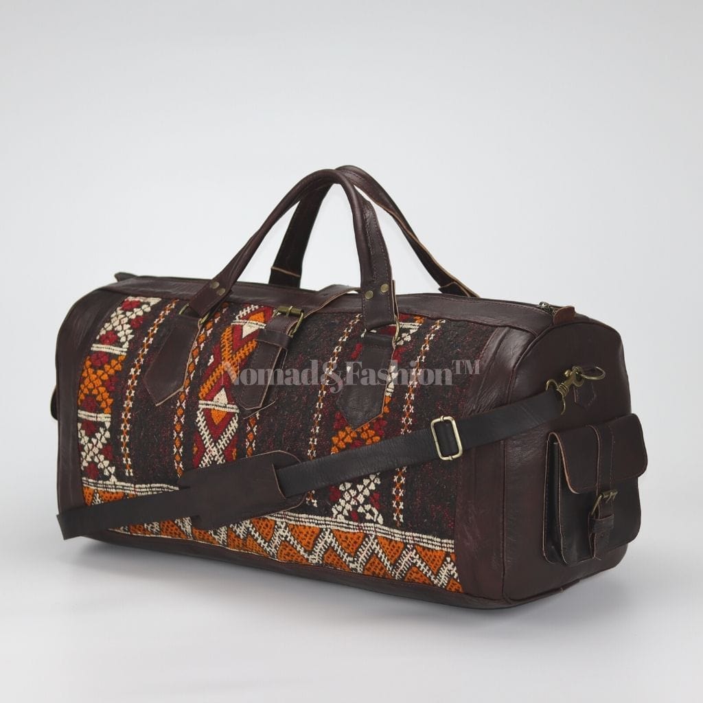 Moroccan Leather with Black &amp; Yellow kilim travel Shoulder Duffle Bag Handbag Tribal Bohemian