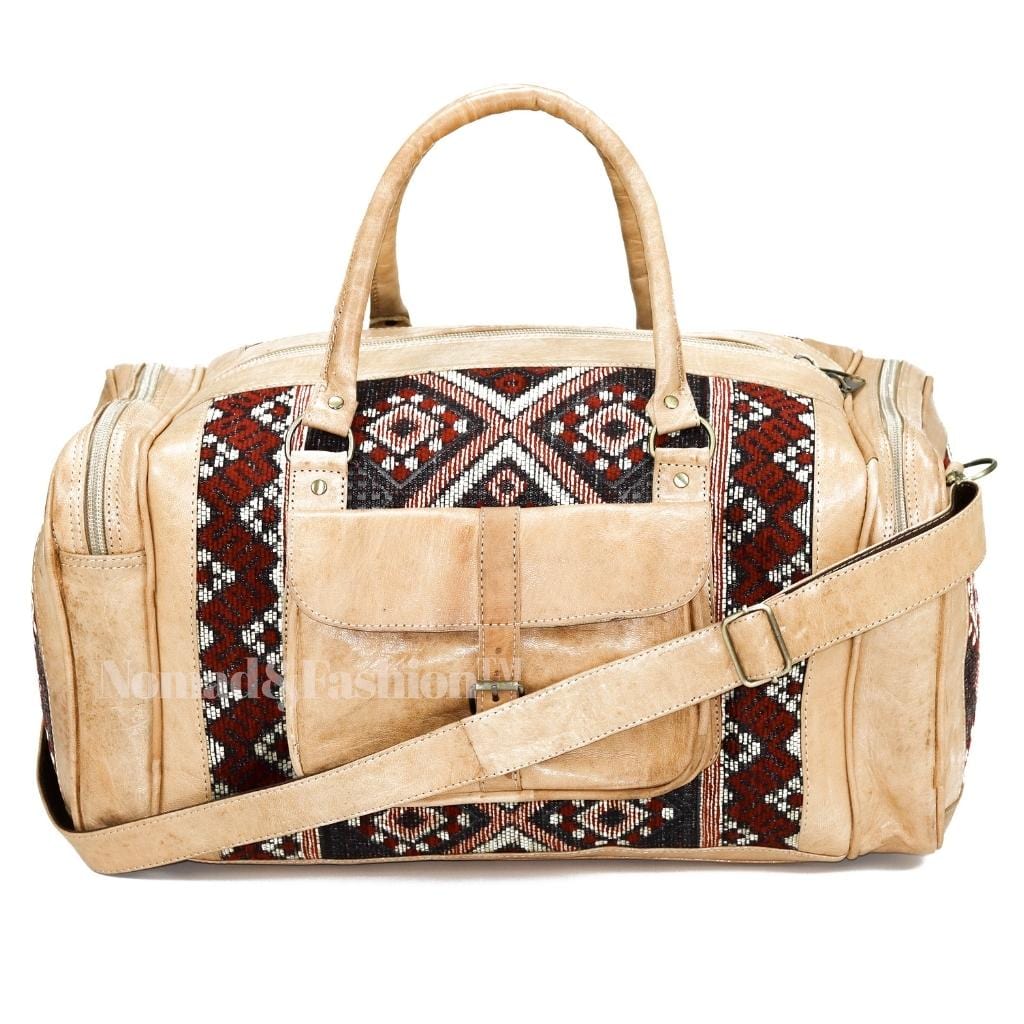 Bolso de mano de piel auténtica tipo kilim, redondo, para viaje, fin de semana, para pasar la noche, color natural 