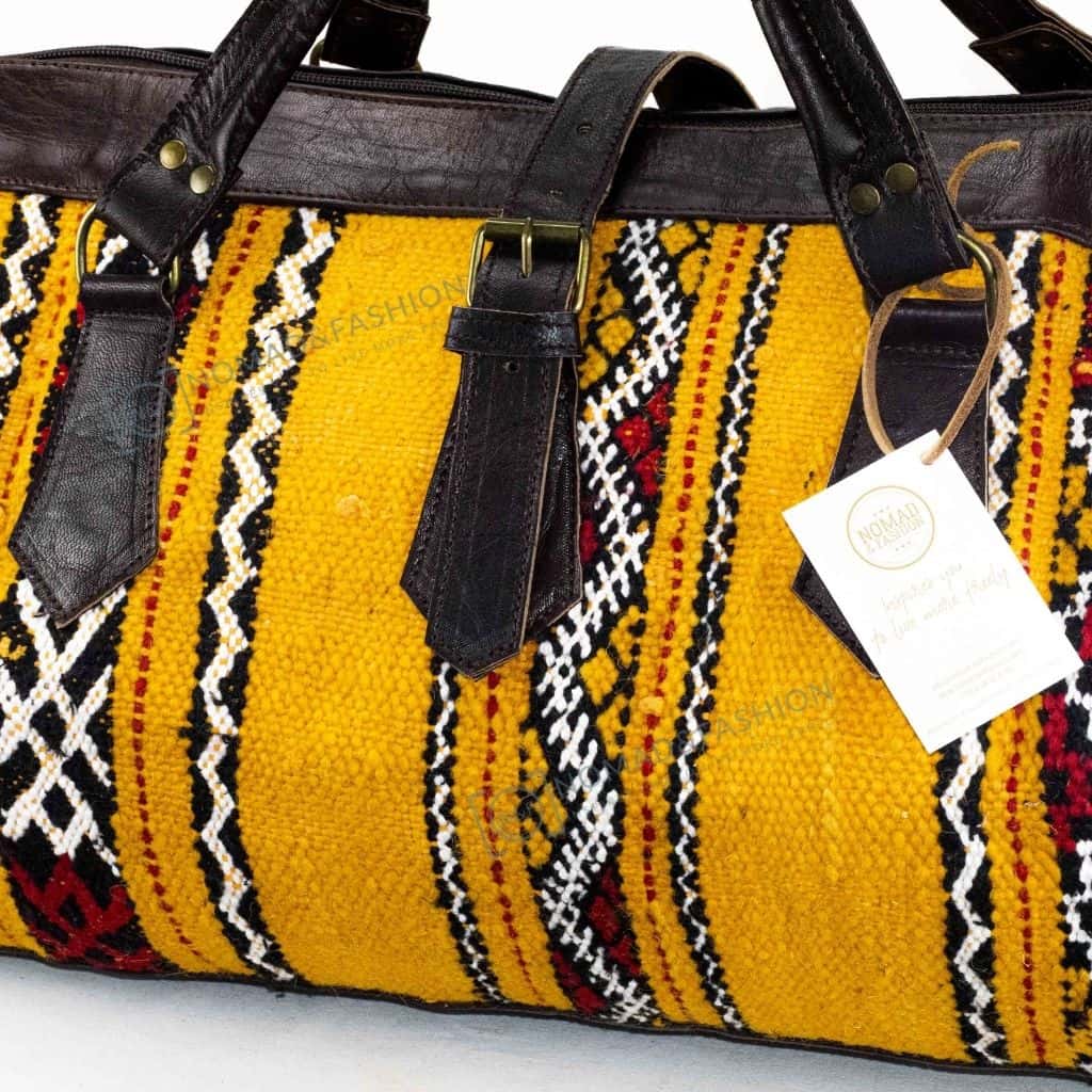 Moroccan Leather with Yellow kilim travel Shoulder Duffle Bag Handbag Tribal Bohemian