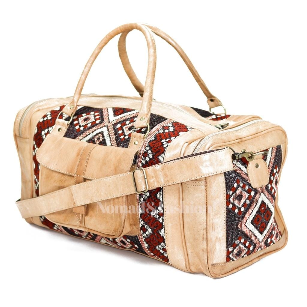 Genuine kilim Leather Duffle Kilim Bag Round Carry On Travel Weekender Overnight Bag Natural