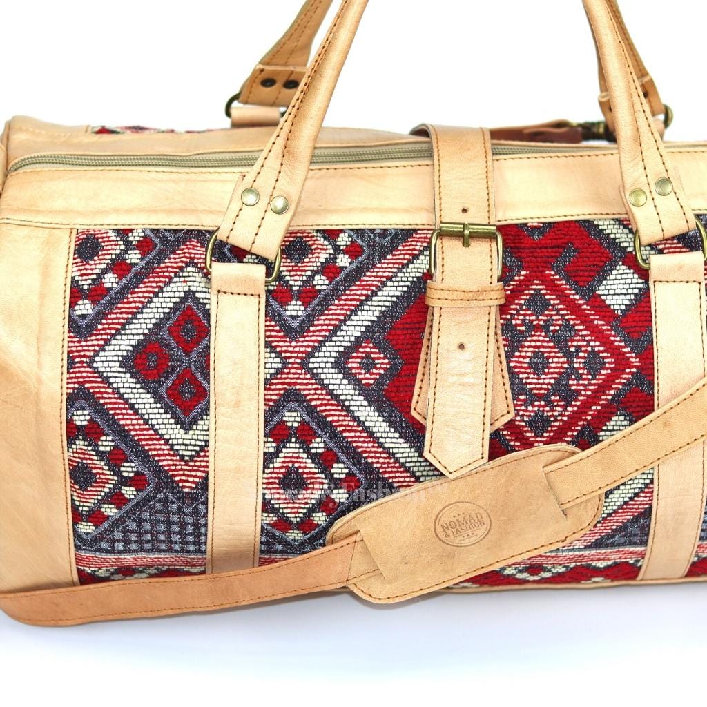 Genuine Leather Duffle Kilim Bag Large Carry On Travel Weekender Overnight Bag Natural