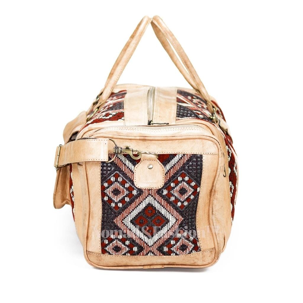 Bolso de mano de piel auténtica tipo kilim, redondo, para viaje, fin de semana, para pasar la noche, color natural 