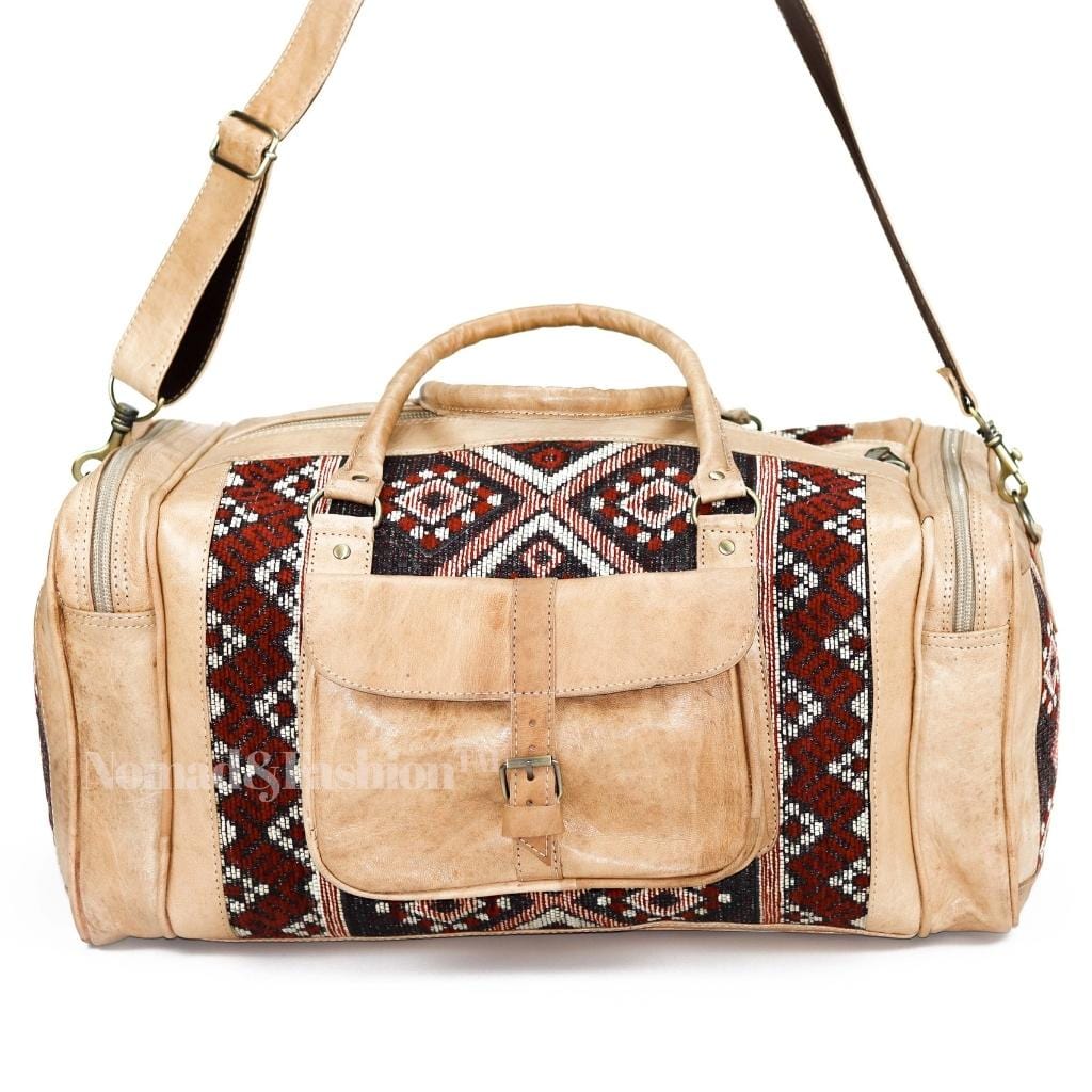 Genuine kilim Leather Duffle Kilim Bag Round Carry On Travel Weekender Overnight Bag Natural