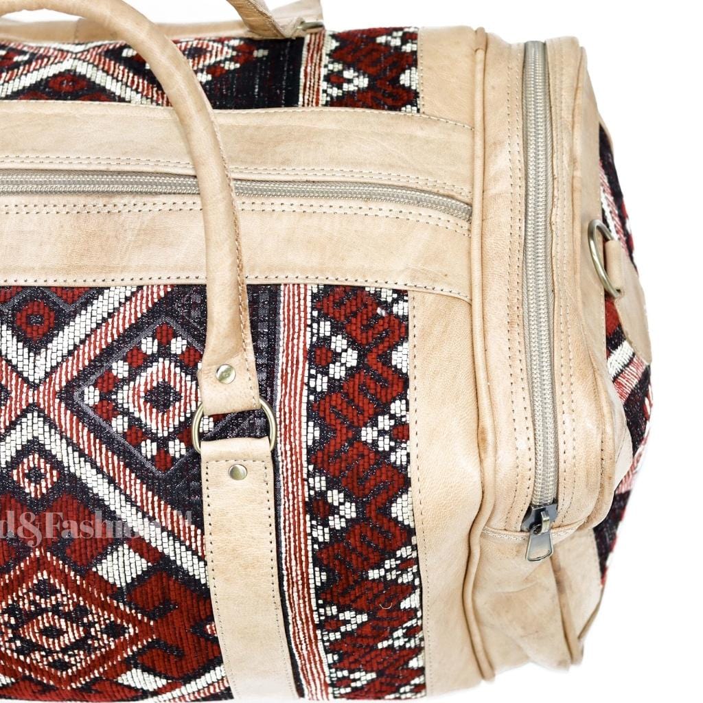 Bolso de mano de piel auténtica tipo kilim, redondo, para viaje, fin de semana, para pasar la noche, color natural 