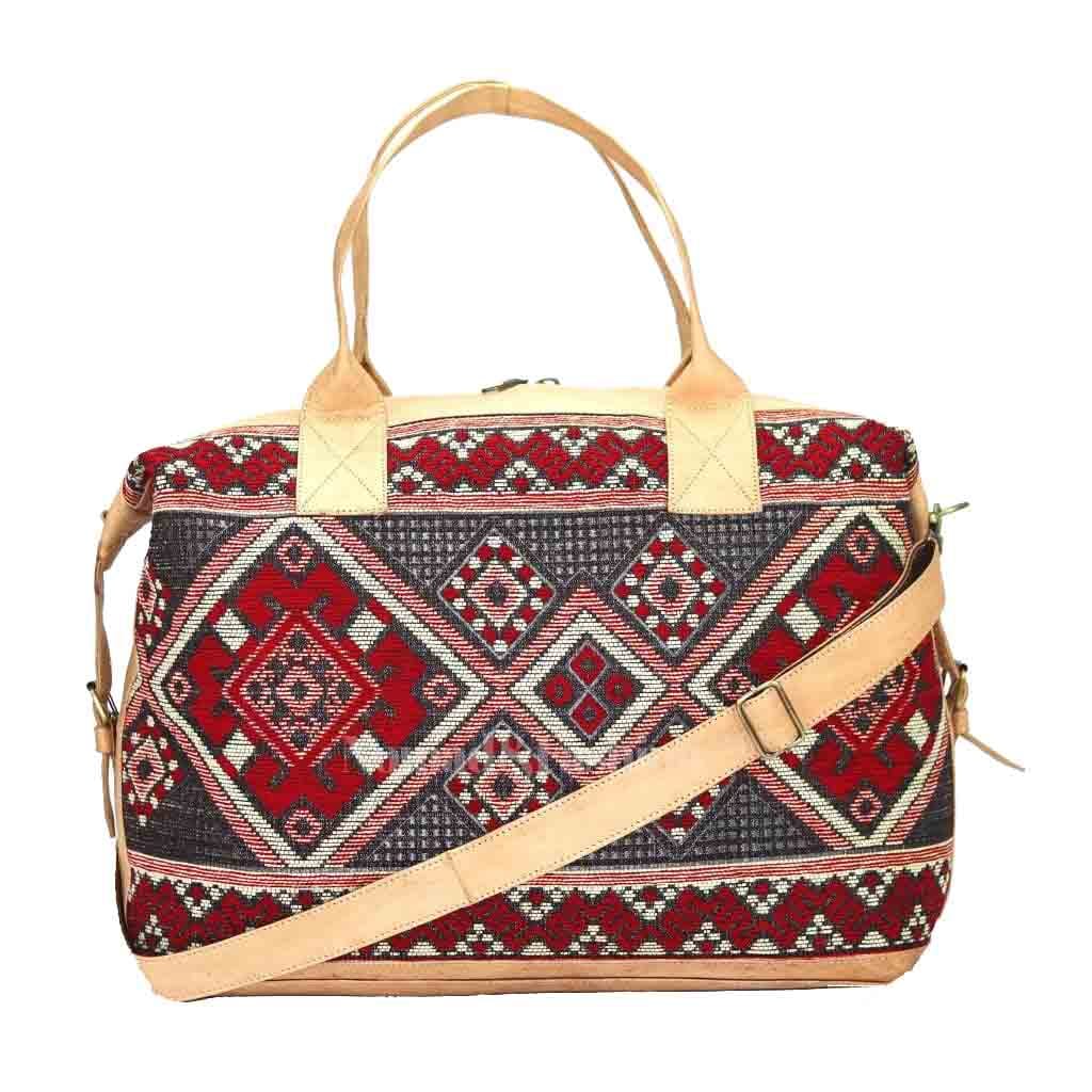 travel bag Leather with Red kilim Shoulder Duffle Bag weekender Natural