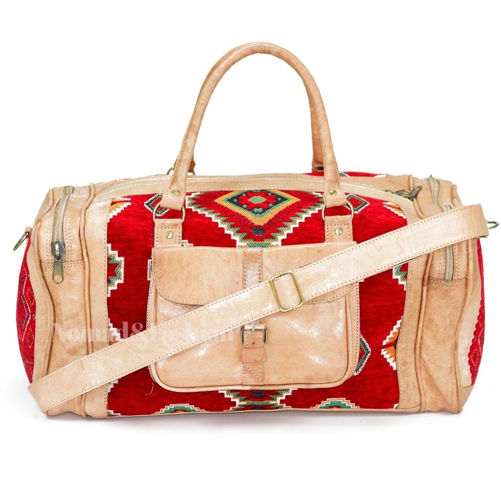 Genuine kilim Leather Duffle Red Kilim Bag Round Carry On Travel Weekender Overnight Bag Natural