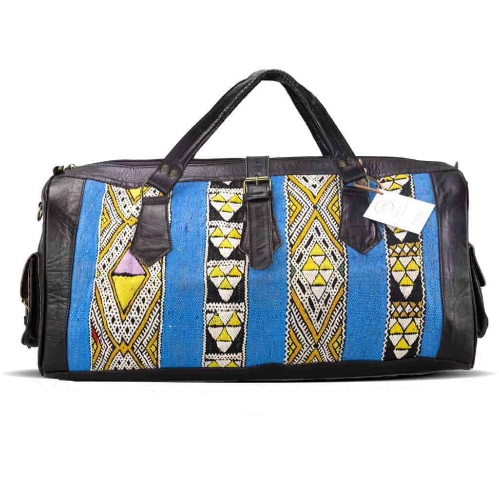 Moroccan Leather with Blue kilim travel Shoulder Duffle Bag Handbag Tribal Bohemian