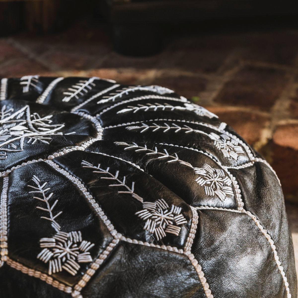 Black Moroccan Leather Pouf | Ottoman