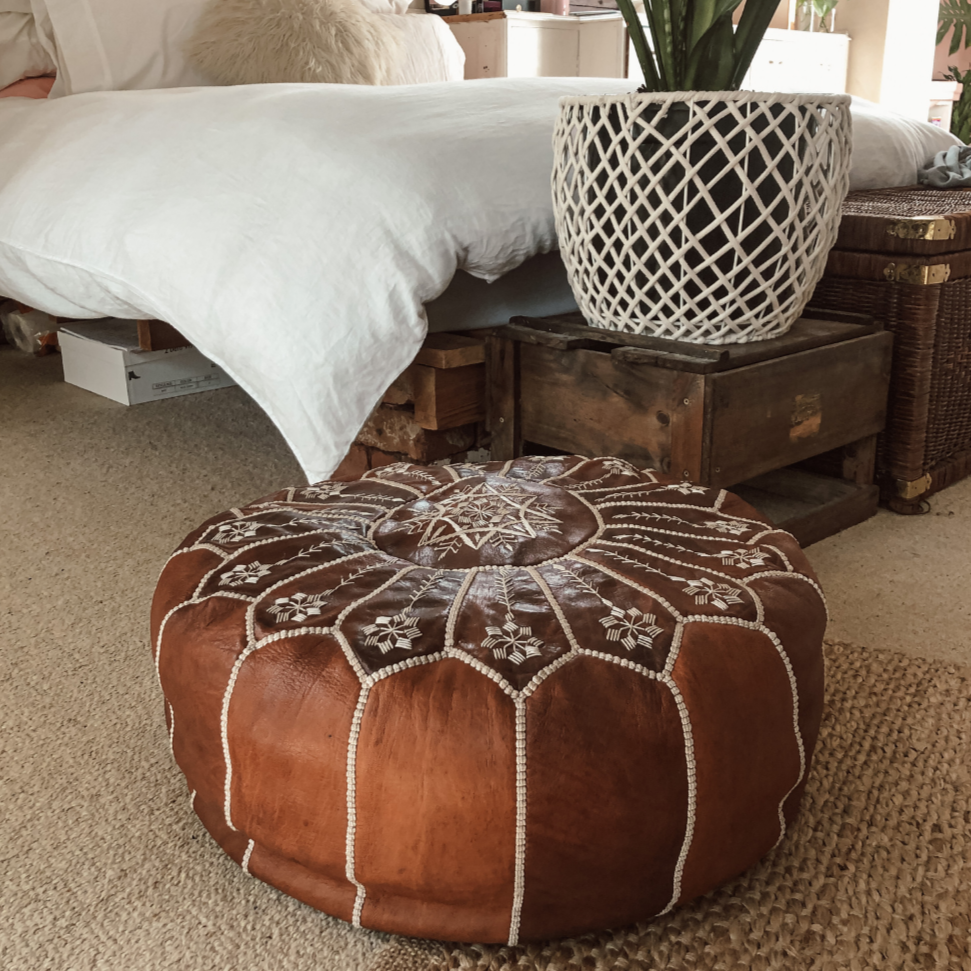 Tan Moroccan Leather Pouf | Ottoman