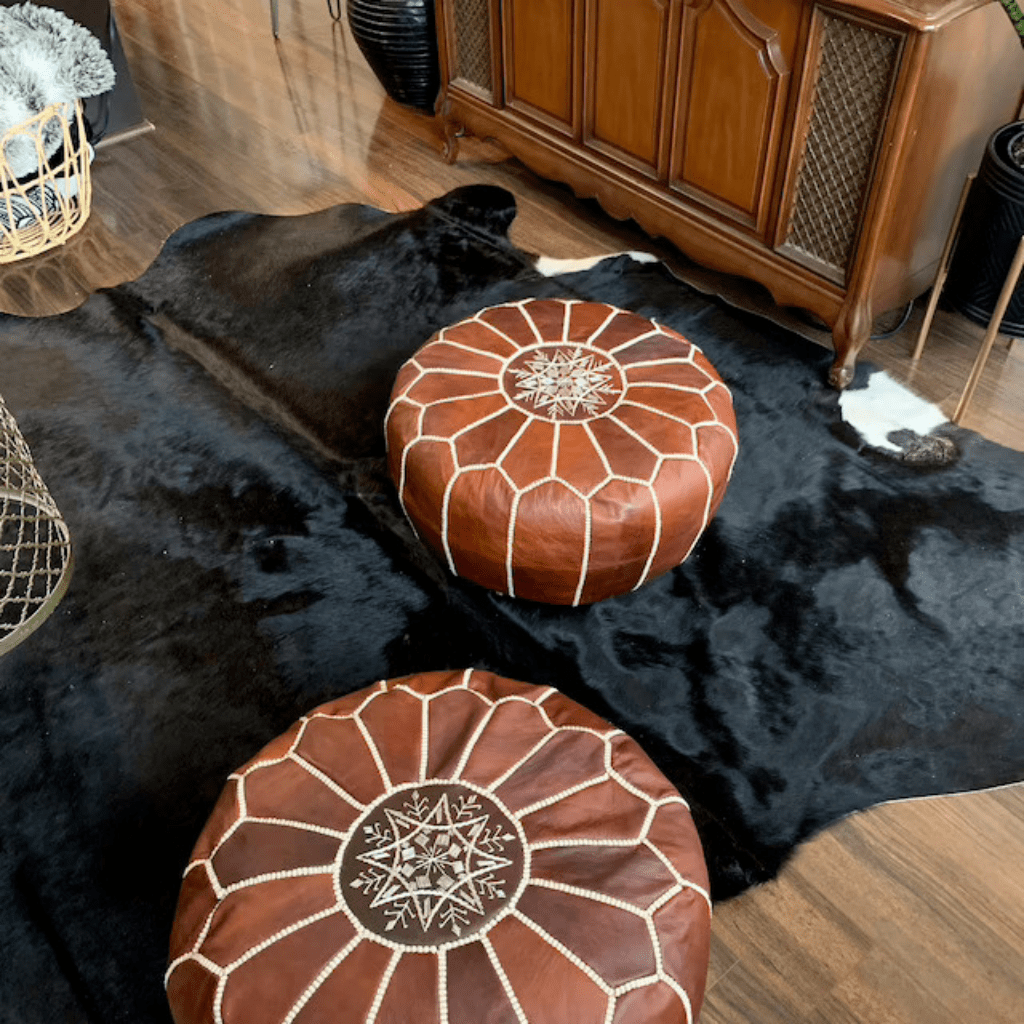 Set of 2 Handmade Leather Moroccan Pouf Ottoman Round Sofa.