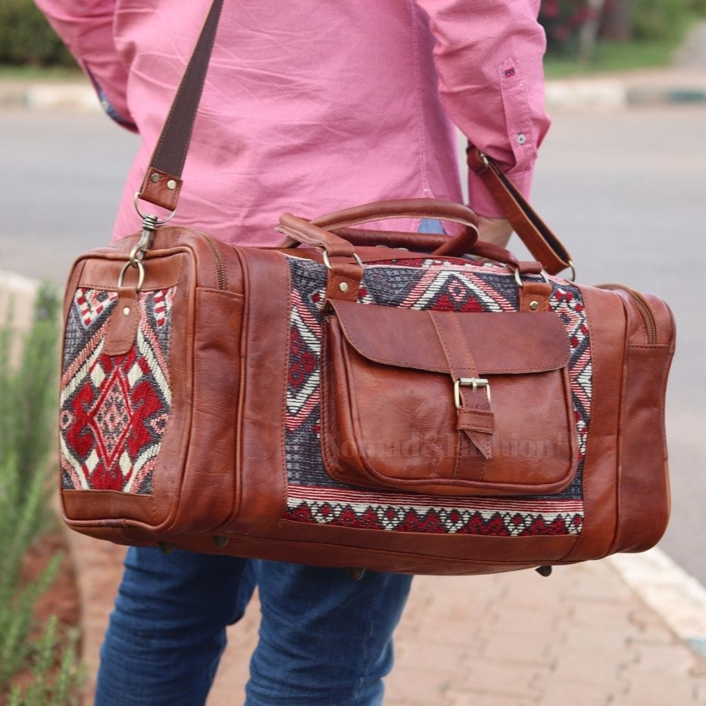 Genuine kilim Leather Duffle Red Kilim Bag Round Carry On Travel Weekender Overnight Bag Natural