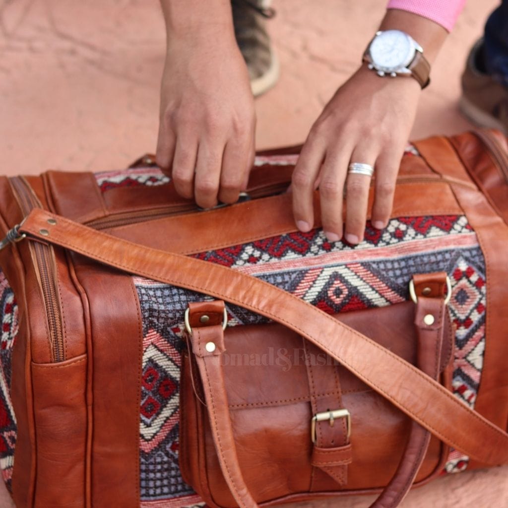 Genuine kilim Leather Duffle Kilim Bag Round Carry On Travel Weekender Overnight Bag