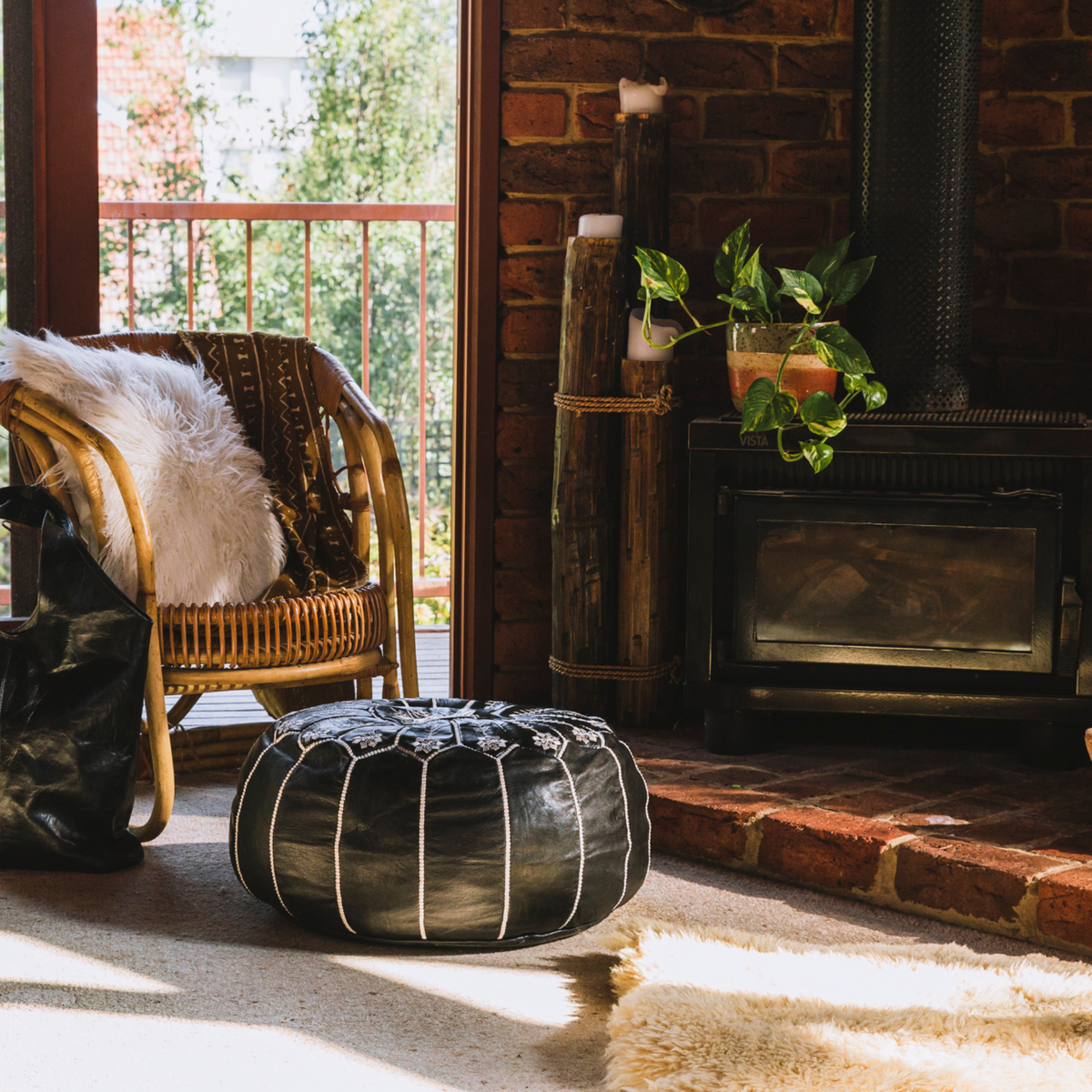 Black Moroccan Leather Pouf | Ottoman