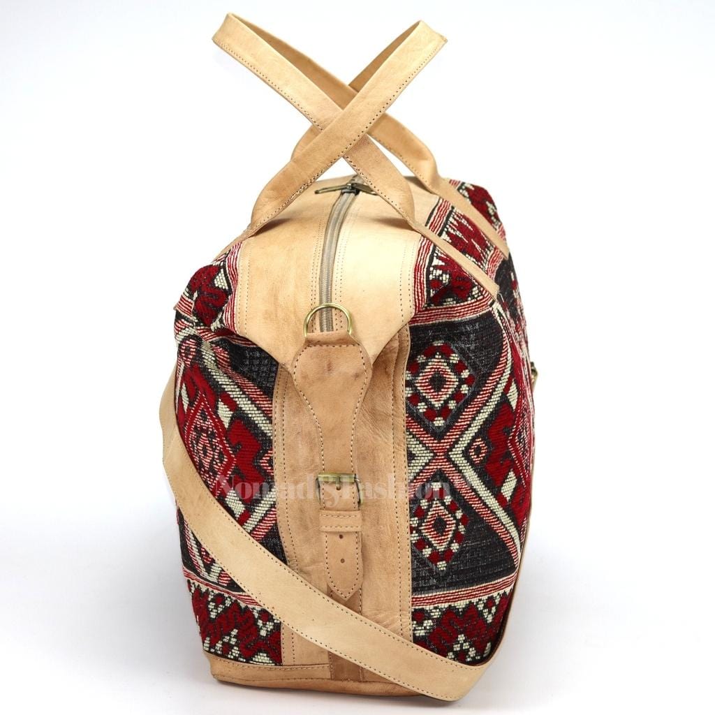 travel bag Leather with Red kilim Shoulder Duffle Bag weekender Natural