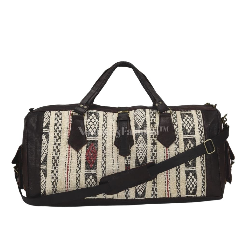 Moroccan Leather with Black &amp; White kilim travel Shoulder Duffle Bag Handbag Tribal Bohemian