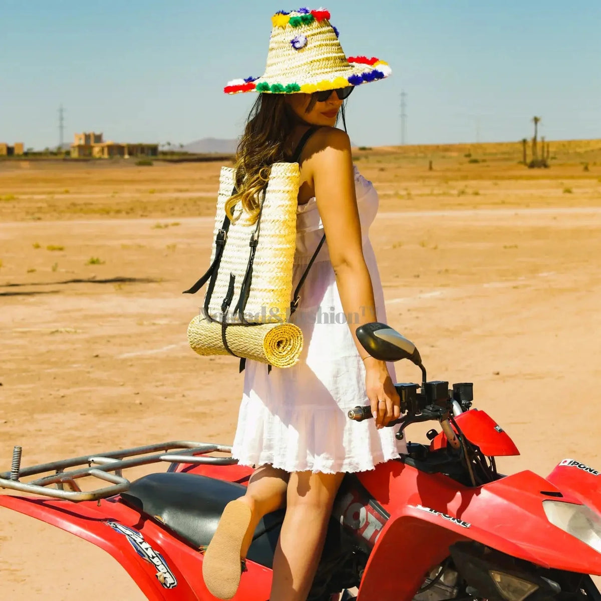 Mochila de cuero y paja con tapete para picnic Diseño boho