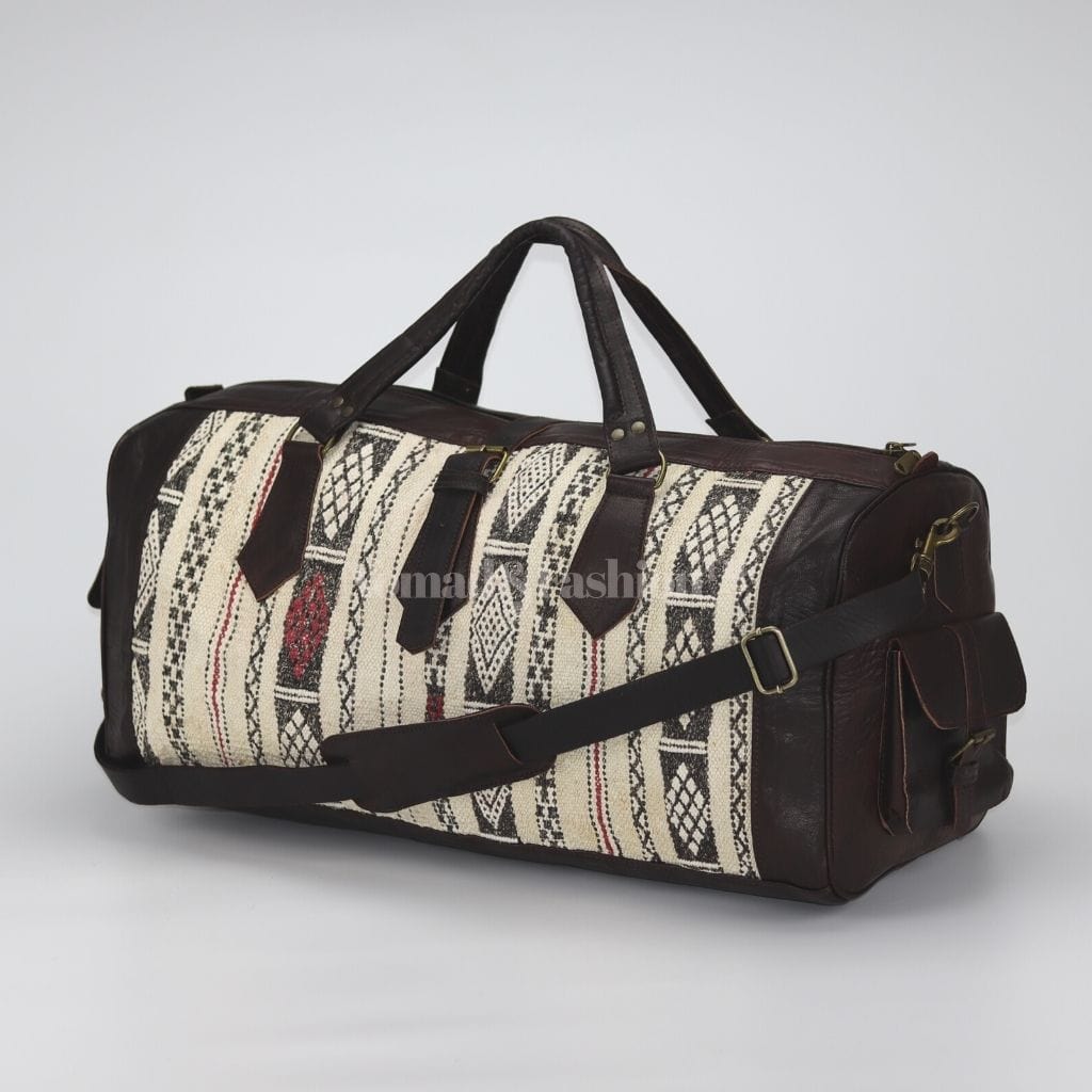 Bolso de mano de cuero marroquí con kilim blanco y negro, bolso de hombro, bolso de mano bohemio tribal