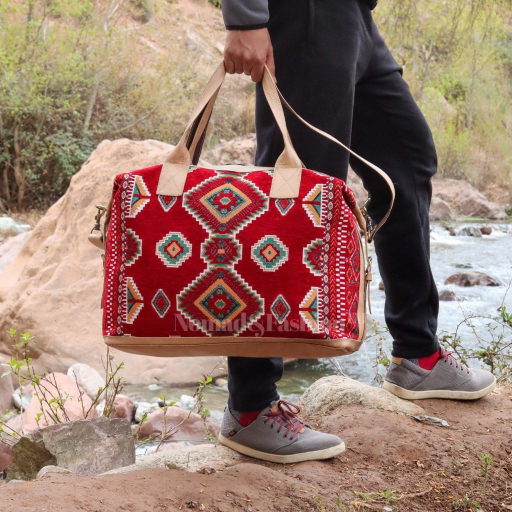 travel bag Leather with Red kilim Shoulder Duffle Bag weekender Natural