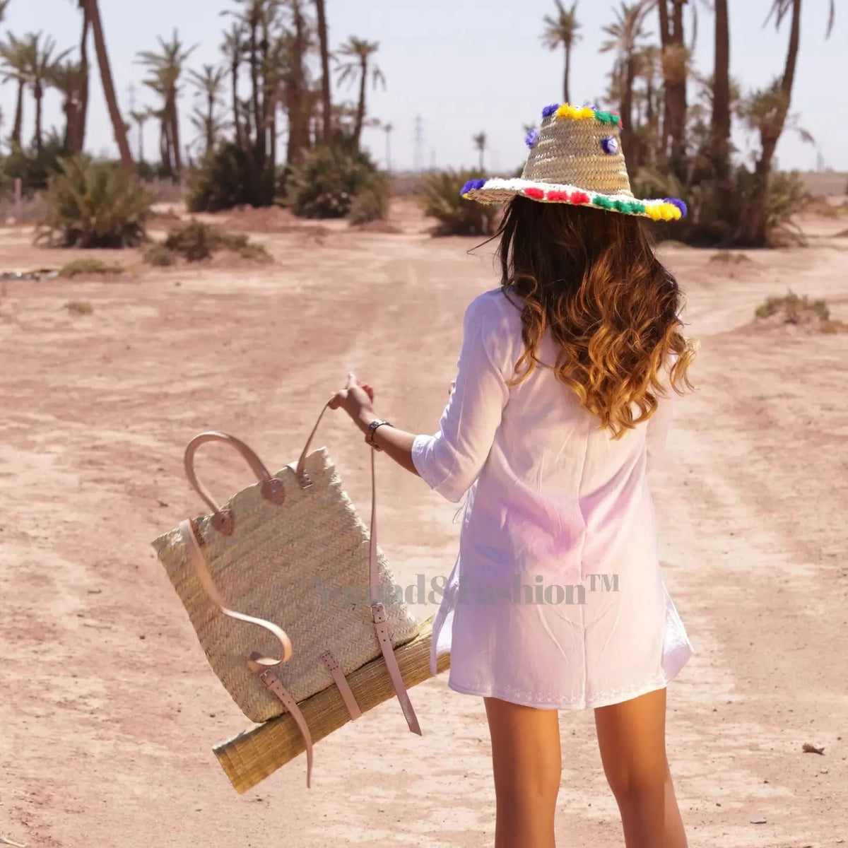 Mochila de cuero y paja con tapete para picnic Diseño boho