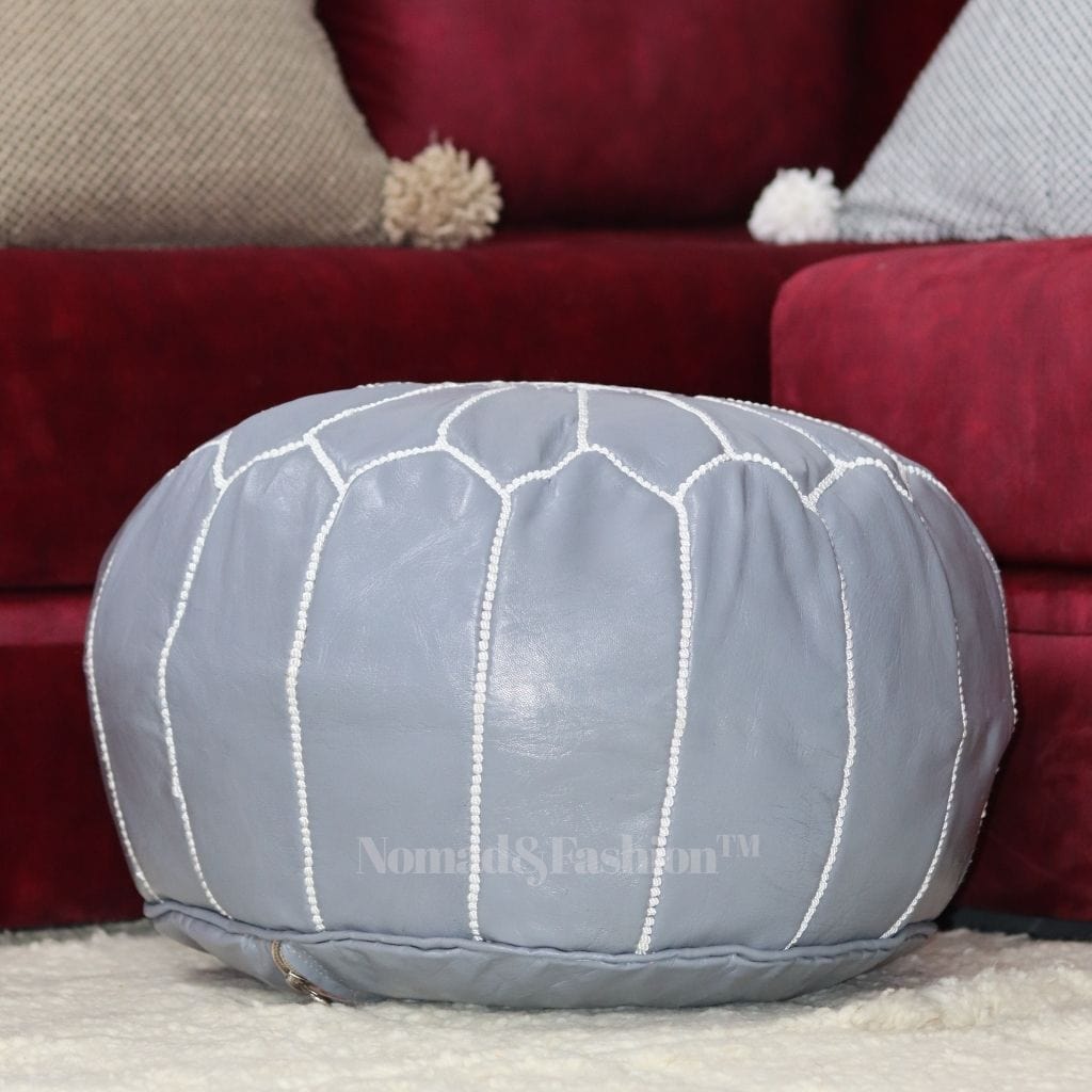 Handmade Leather Moroccan Pouf Ottoman Round Color Gray Stitched Colored