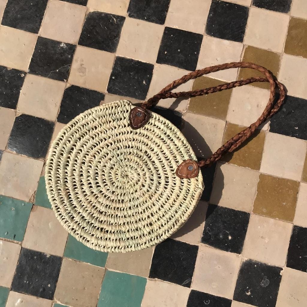 Moroccan Boho Straw Round Beach Basket Bag