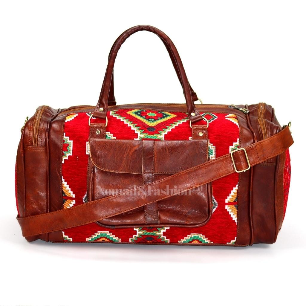 Bolso de mano de piel auténtica tipo kilim, color rojo, redondo, para viaje, fin de semana, para pasar la noche, marrón 