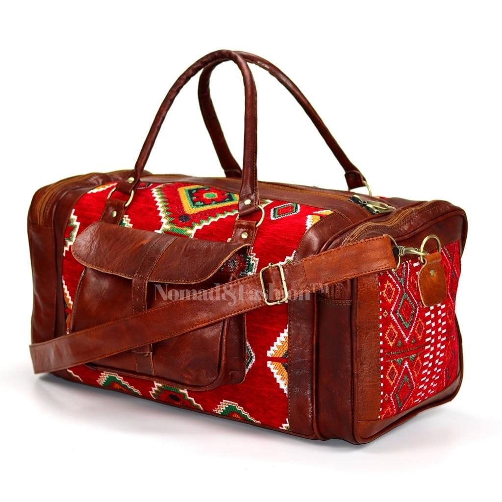 Genuine kilim Leather Duffle Red Kilim Bag Round Carry On Travel Weekender Overnight Bag Brown