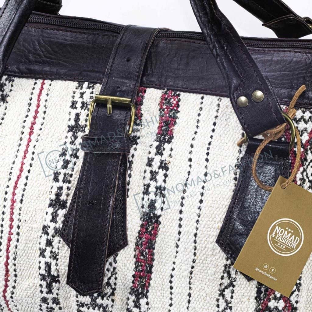 Bolso de mano de cuero marroquí con kilim blanco y negro, bolso de hombro, bolso de mano bohemio tribal