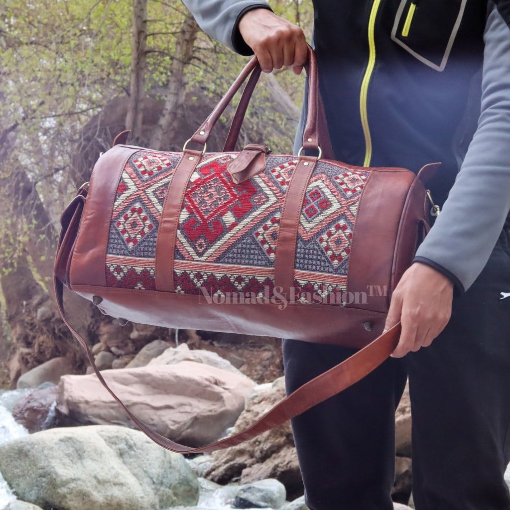 Genuine Leather Duffle Kilim Bag Large Carry On Travel Weekender