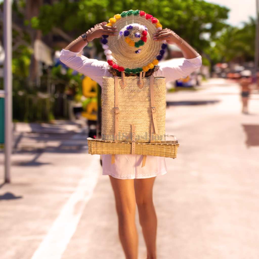 Leather Straw Backpack with picnic mat Boho Design