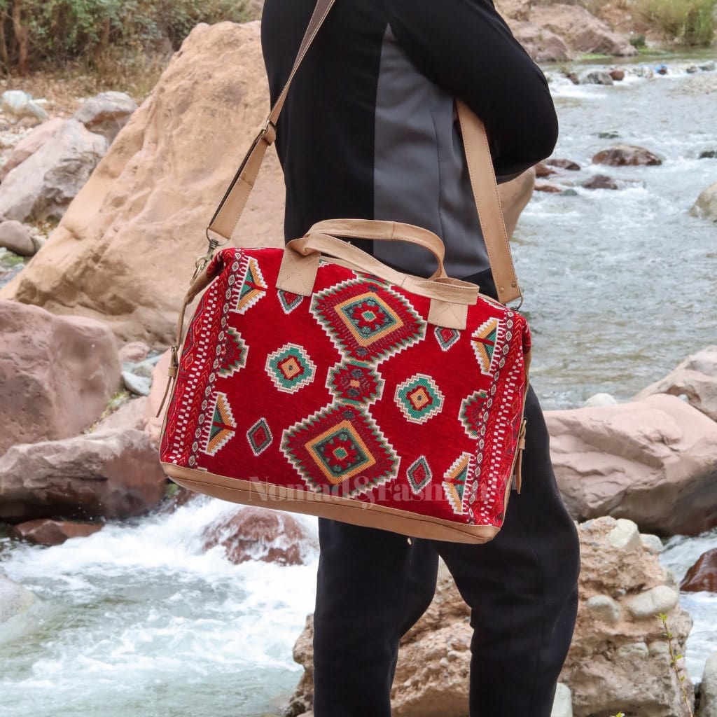 travel bag Leather with Red kilim Shoulder Duffle Bag weekender Natural