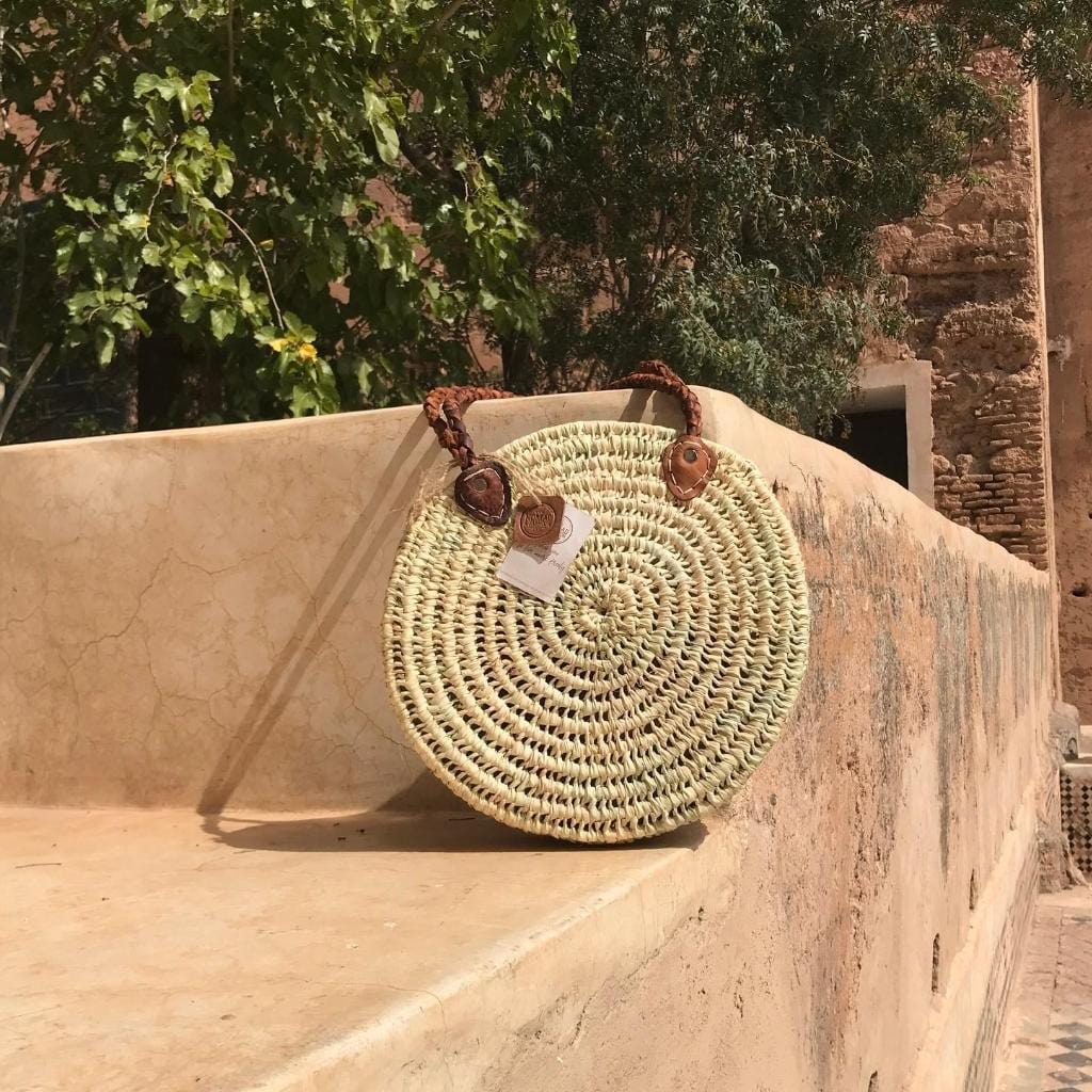 Moroccan Boho Straw Round Beach Basket Bag