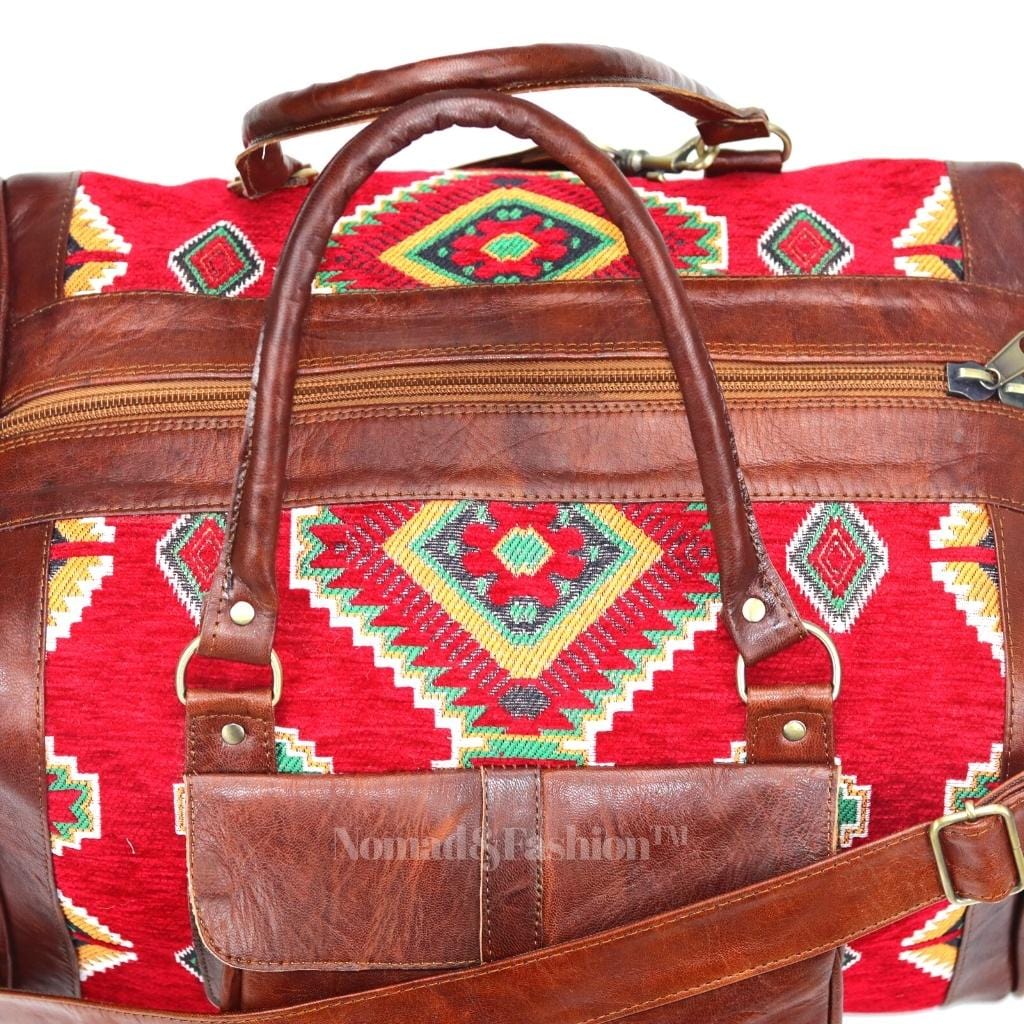 Bolso de mano de piel auténtica tipo kilim, color rojo, redondo, para viaje, fin de semana, para pasar la noche, marrón 