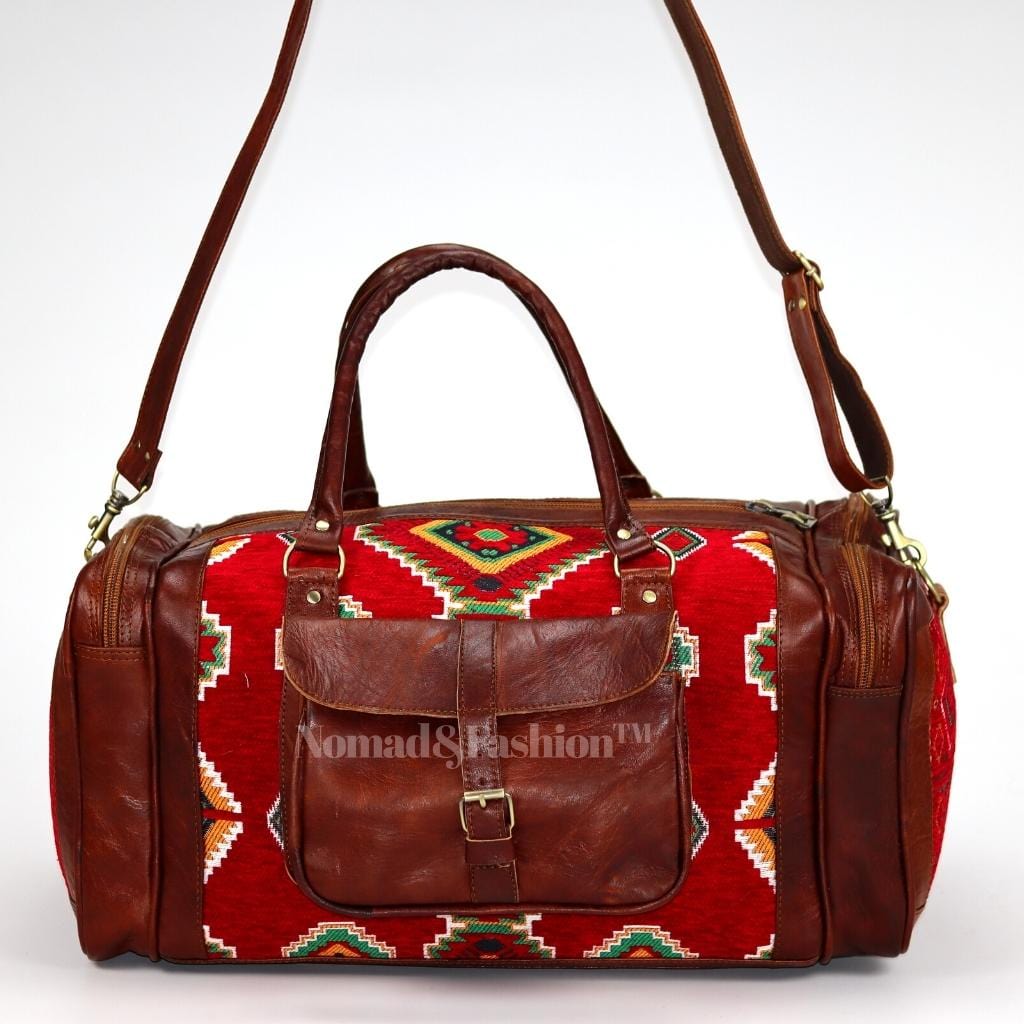 Bolso de mano de piel auténtica tipo kilim, color rojo, redondo, para viaje, fin de semana, para pasar la noche, marrón 