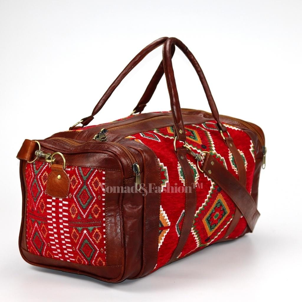 Bolso de mano de piel auténtica tipo kilim, color rojo, redondo, para viaje, fin de semana, para pasar la noche, marrón 