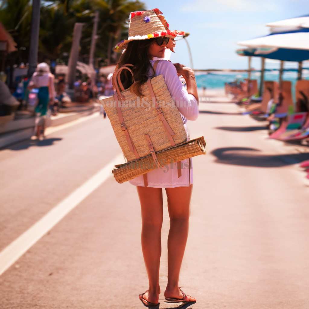 Leather Straw Backpack with picnic mat Boho Design