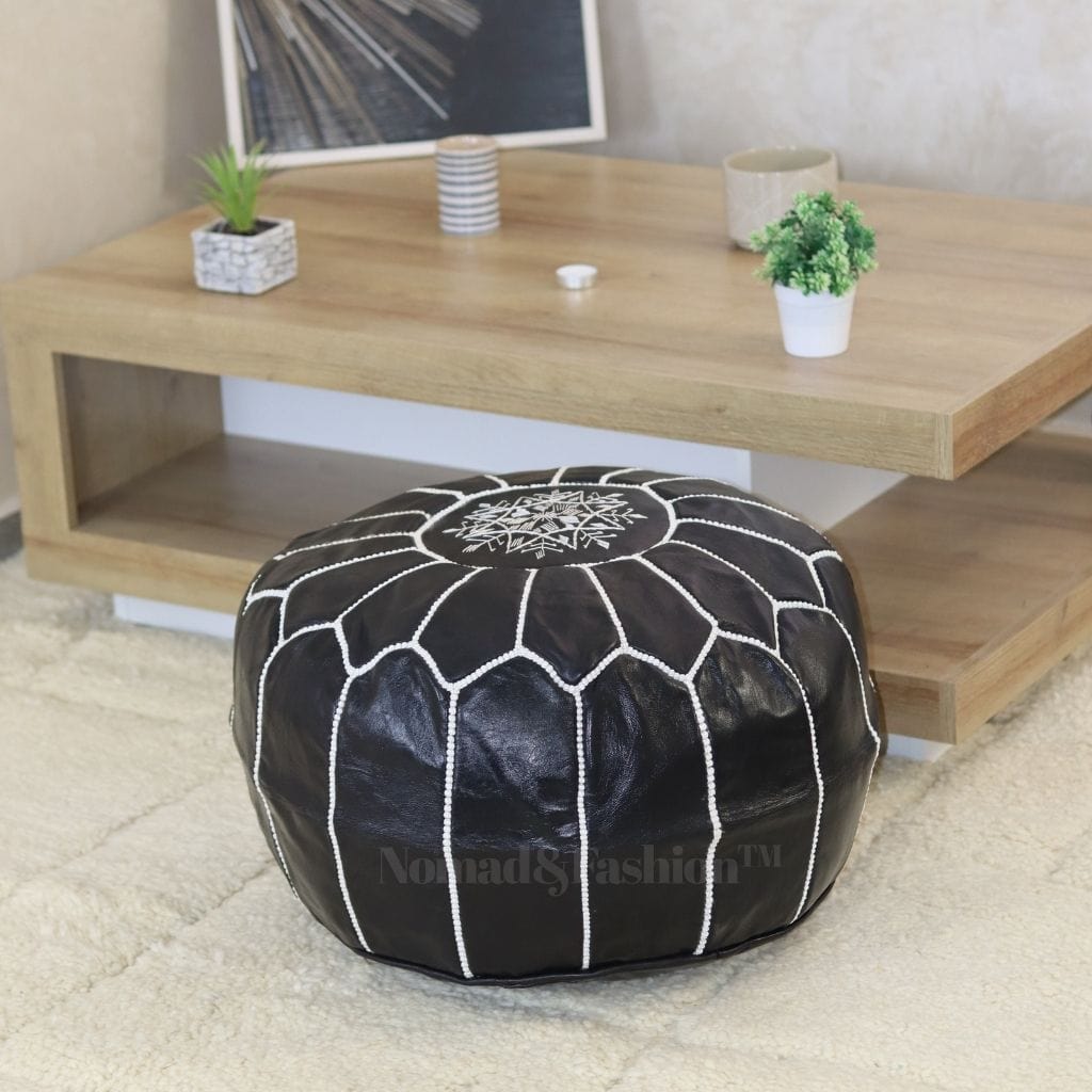 Moroccan pouf leather unstuffed black &amp; white