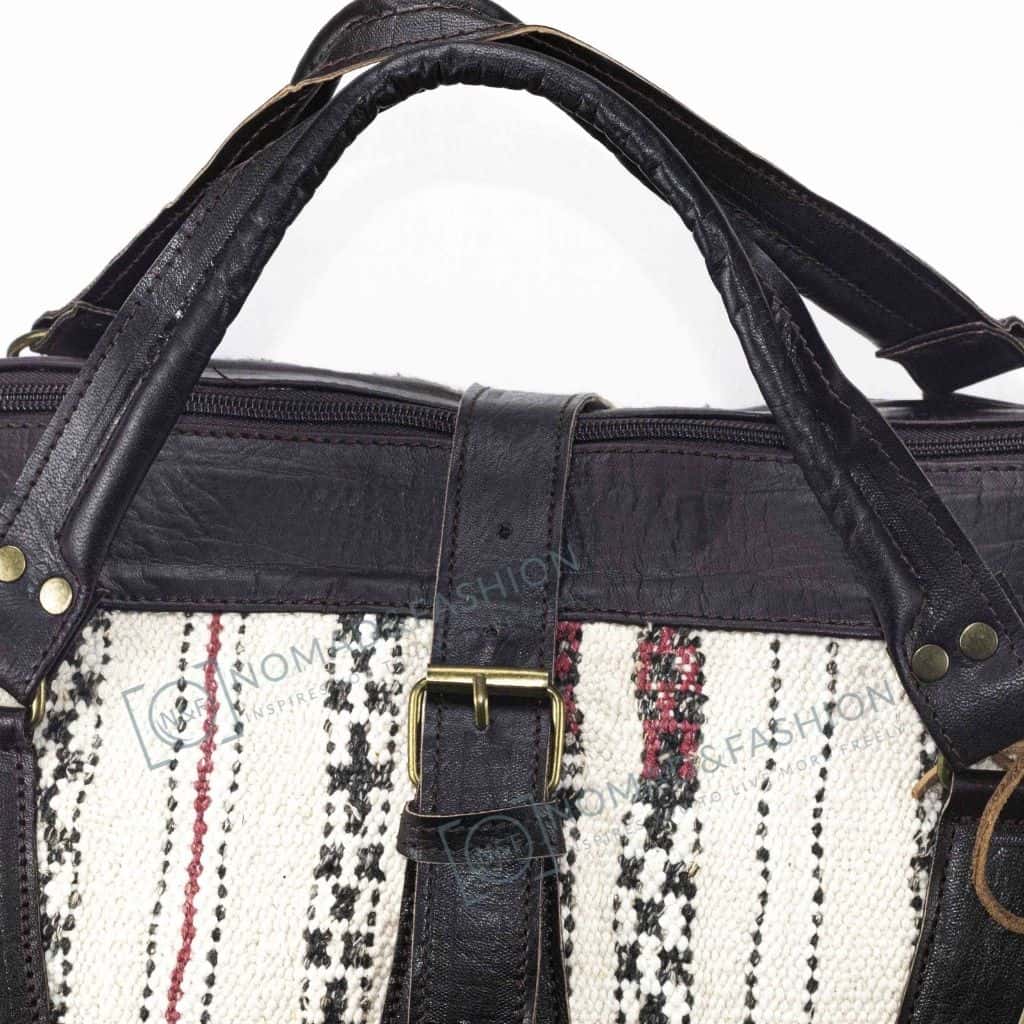 Bolso de mano de cuero marroquí con kilim blanco y negro, bolso de hombro, bolso de mano bohemio tribal