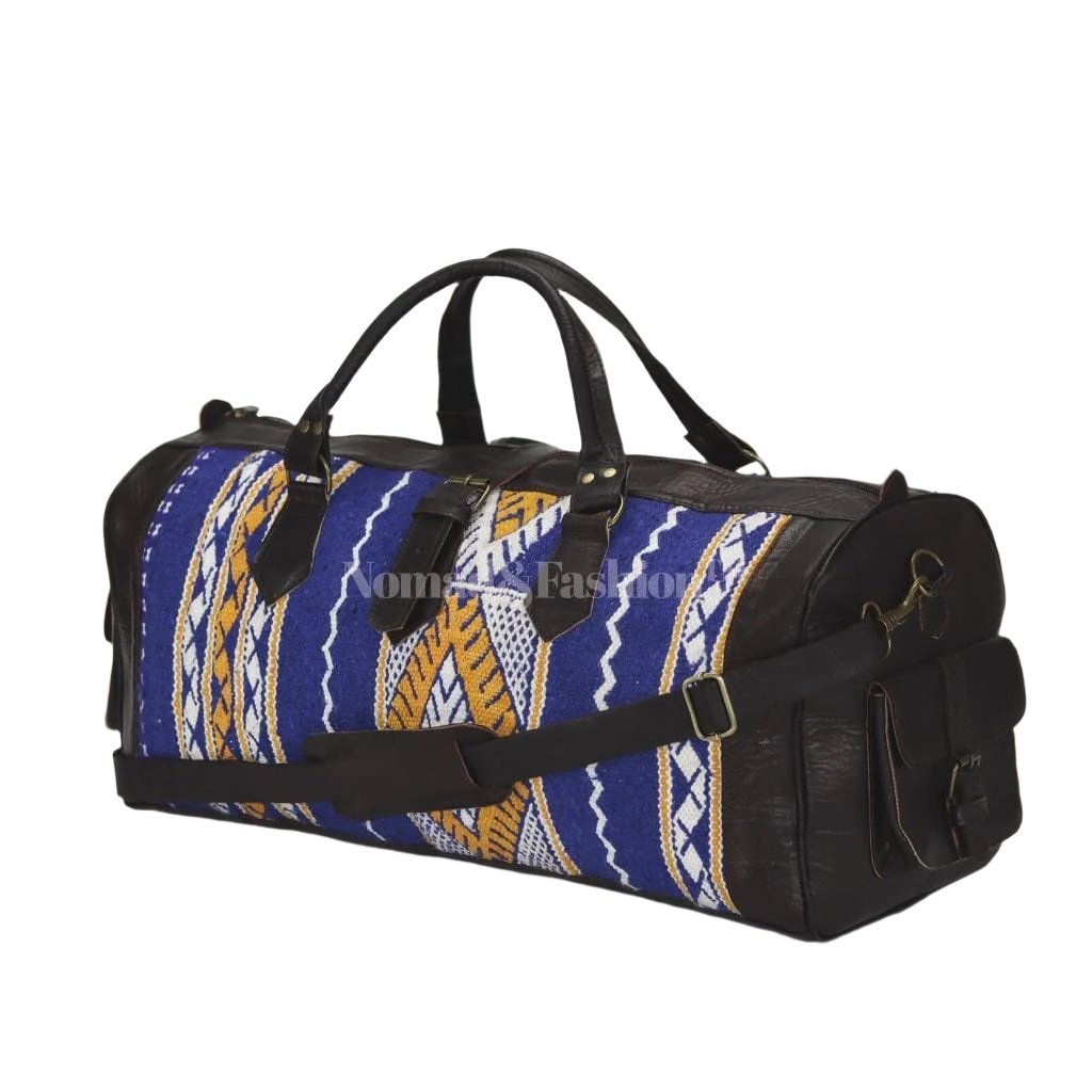 Moroccan Leather with Blue kilim travel Shoulder Duffle Bag Handbag Tribal Bohemian