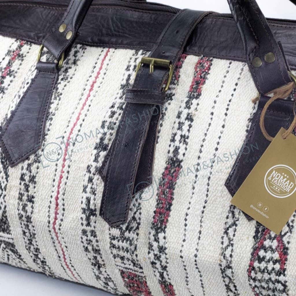 Bolso de mano de cuero marroquí con kilim blanco y negro, bolso de hombro, bolso de mano bohemio tribal