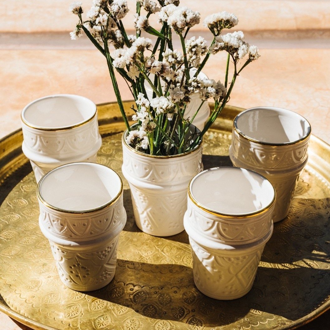 Set of 5 BELDI CERAMIC EMBOSSED CUPS WHITE