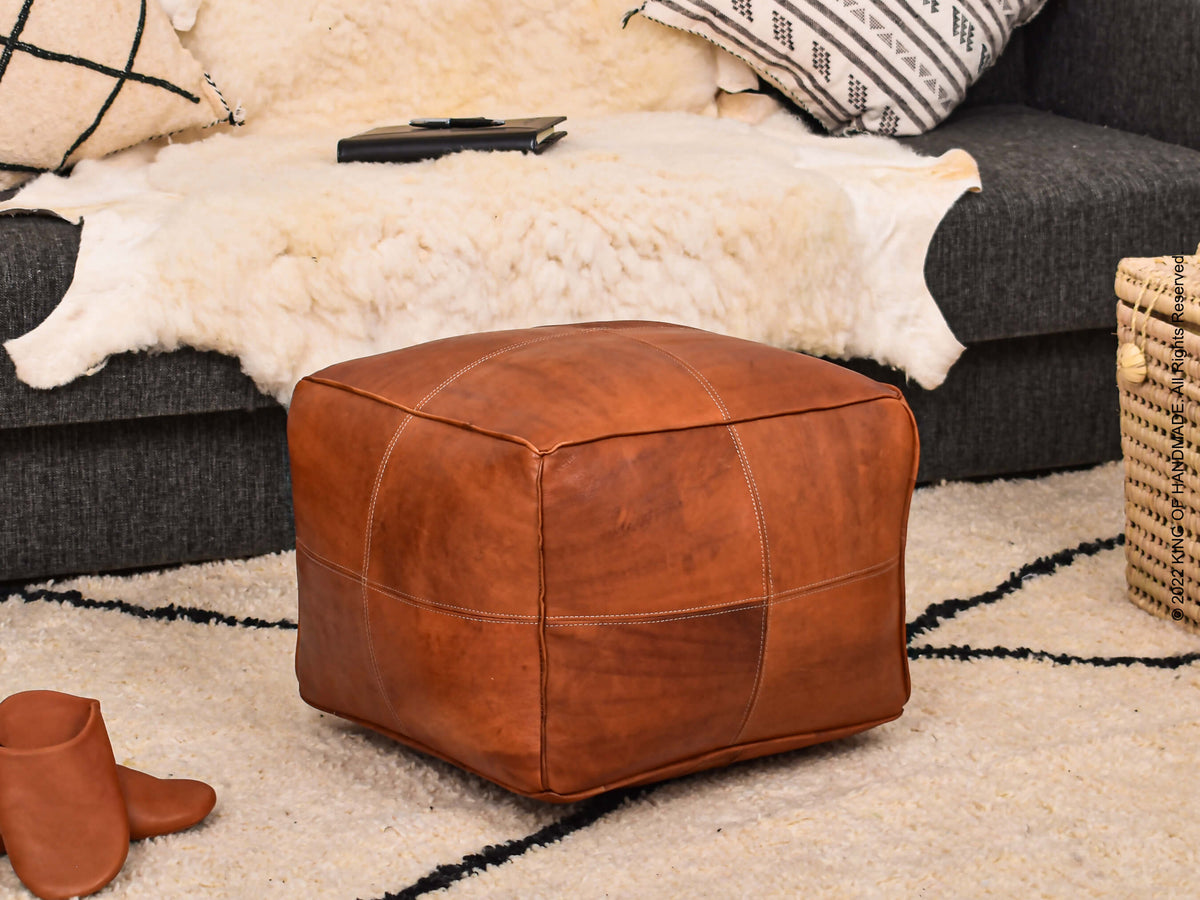 Handmade Leather Pouf Ottoman - Moroccan Footstool