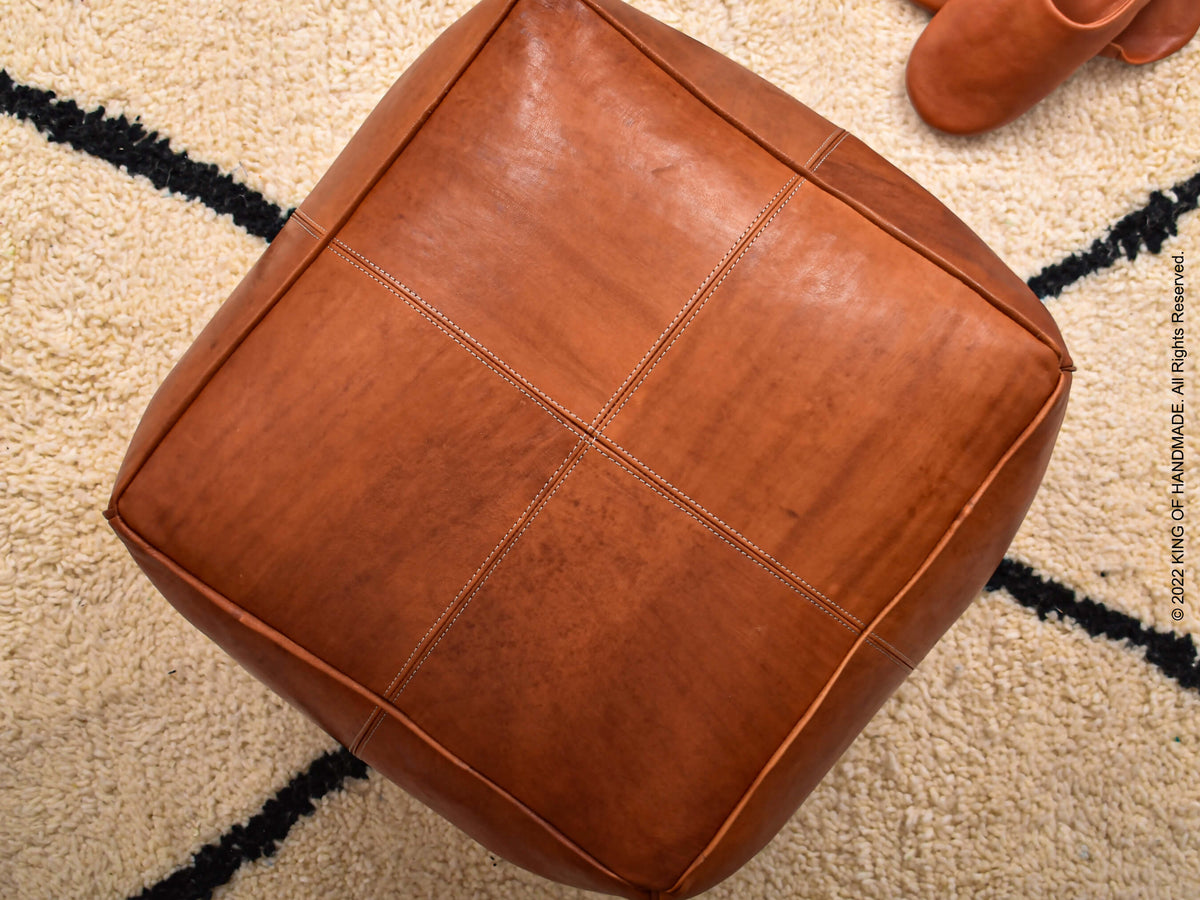 Handmade Leather Pouf Ottoman - Moroccan Footstool