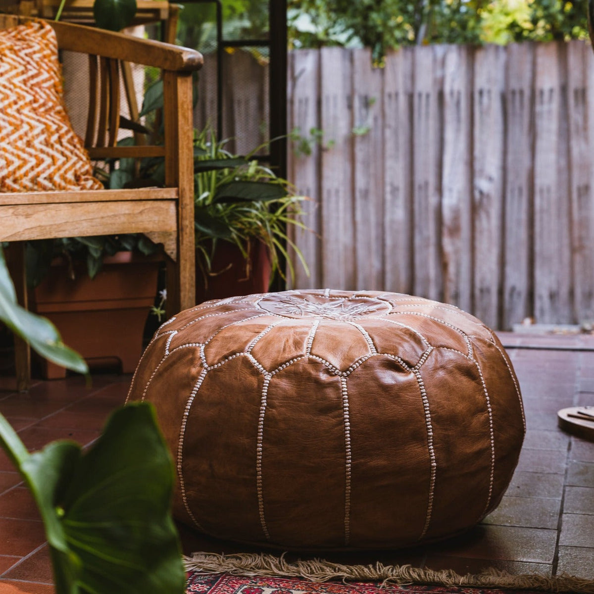 Tan Moroccan Leather Pouf | Ottoman