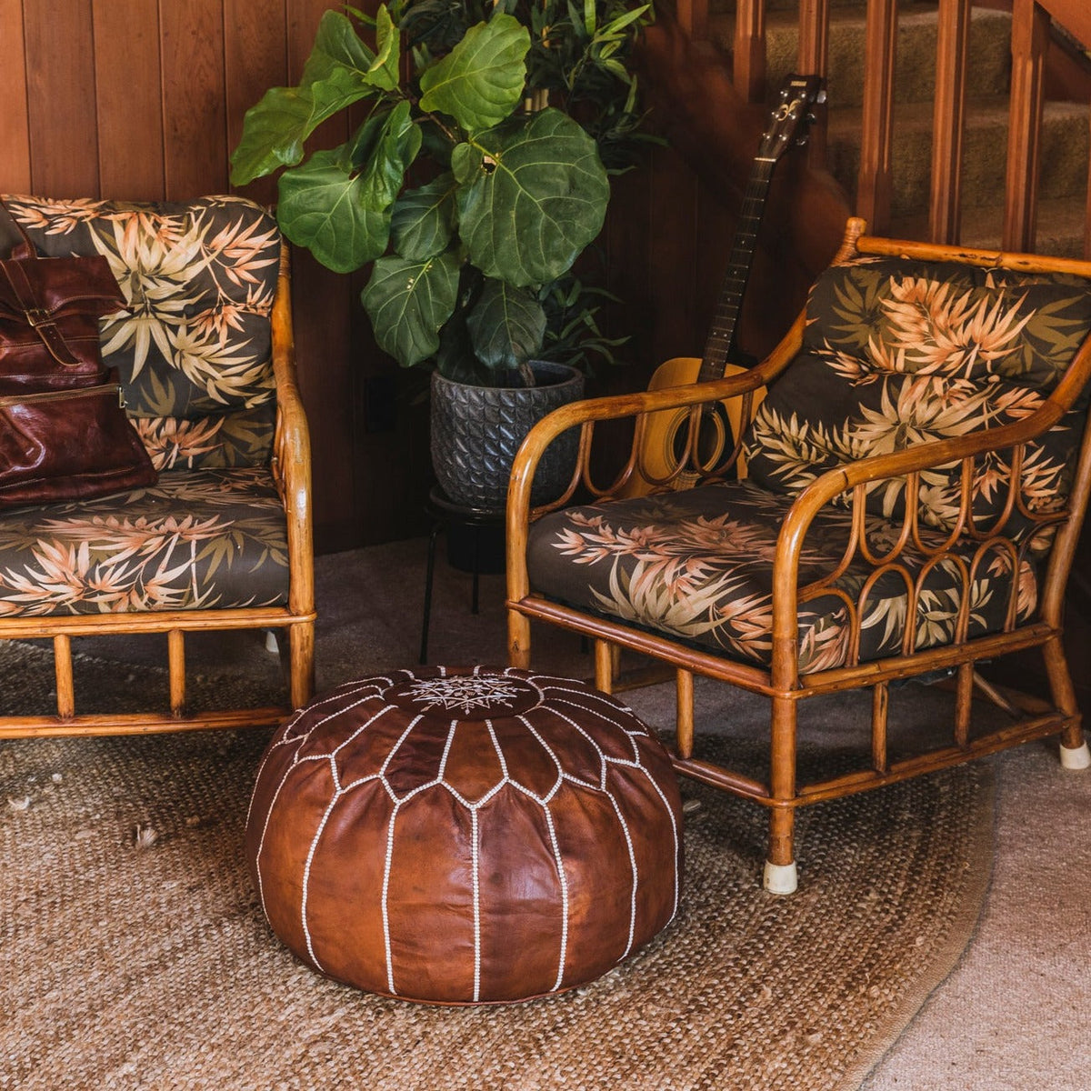 Vintage Brown Moroccan Leather Pouf | Ottoman