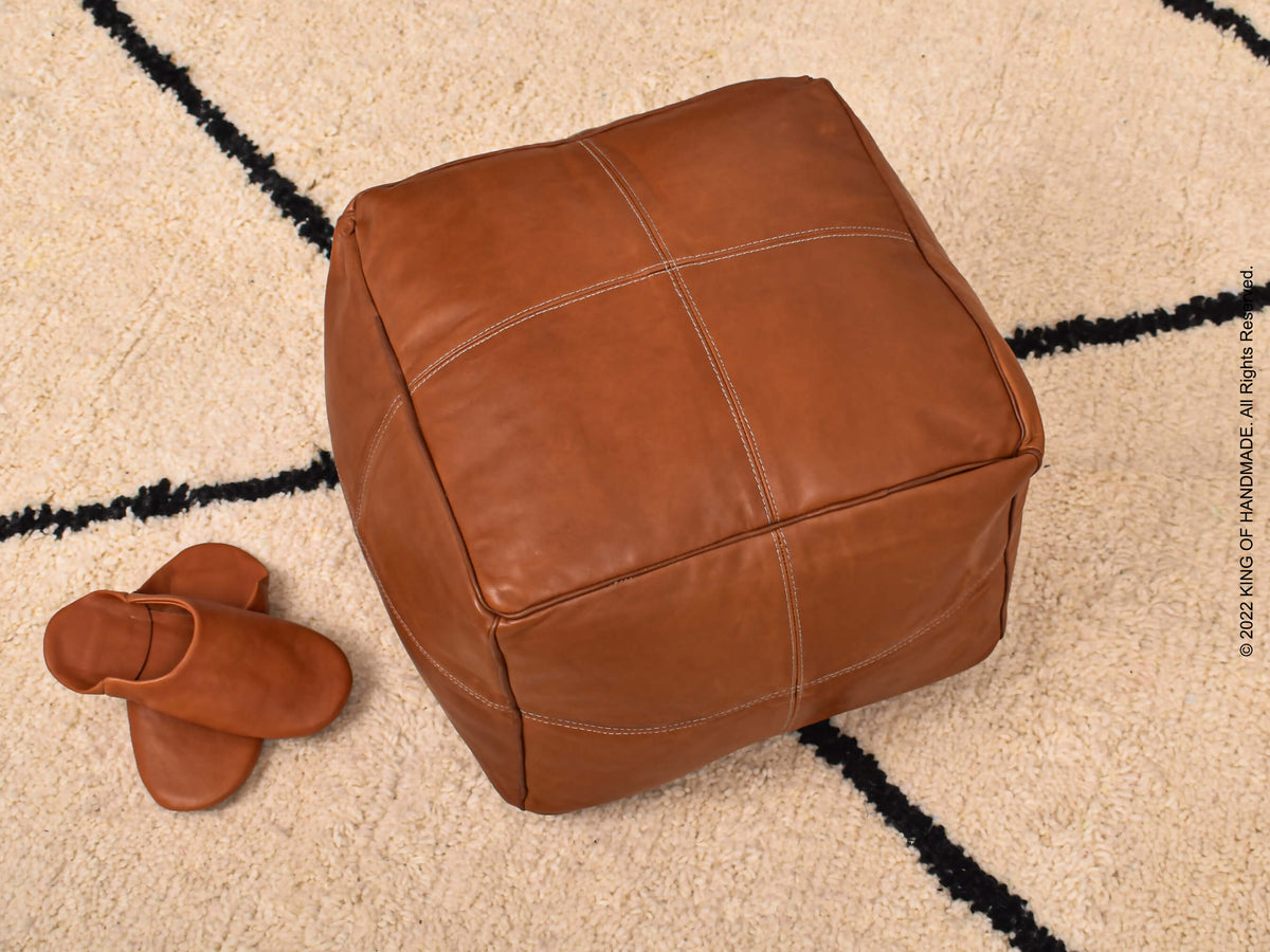 Moroccan Leather Pouf Ottoman - Square Footrest