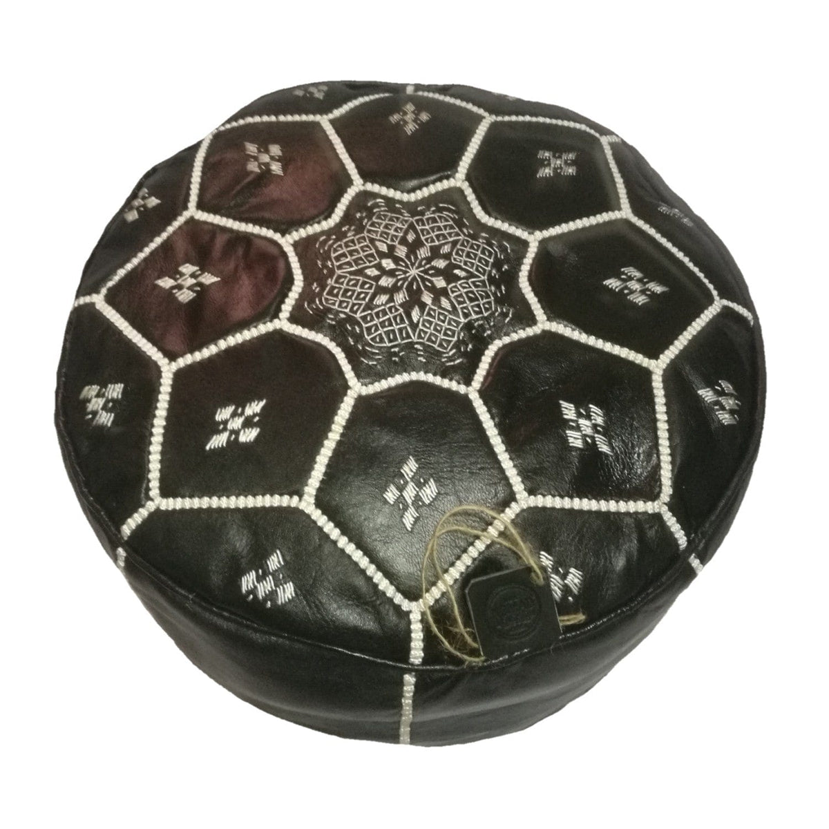 Moroccan Handmade leather pouf ottoman round footstool color Black Hand-Sewn Unstuffed - nomad&amp;fashion