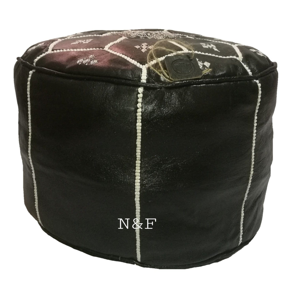 Moroccan Handmade leather pouf ottoman round footstool color Black Hand-Sewn Unstuffed - nomad&amp;fashion