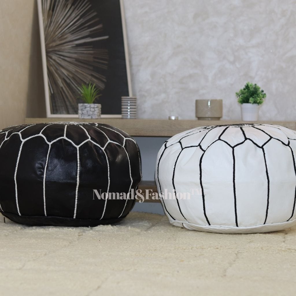 Moroccan pouf leather unstuffed black &amp; white